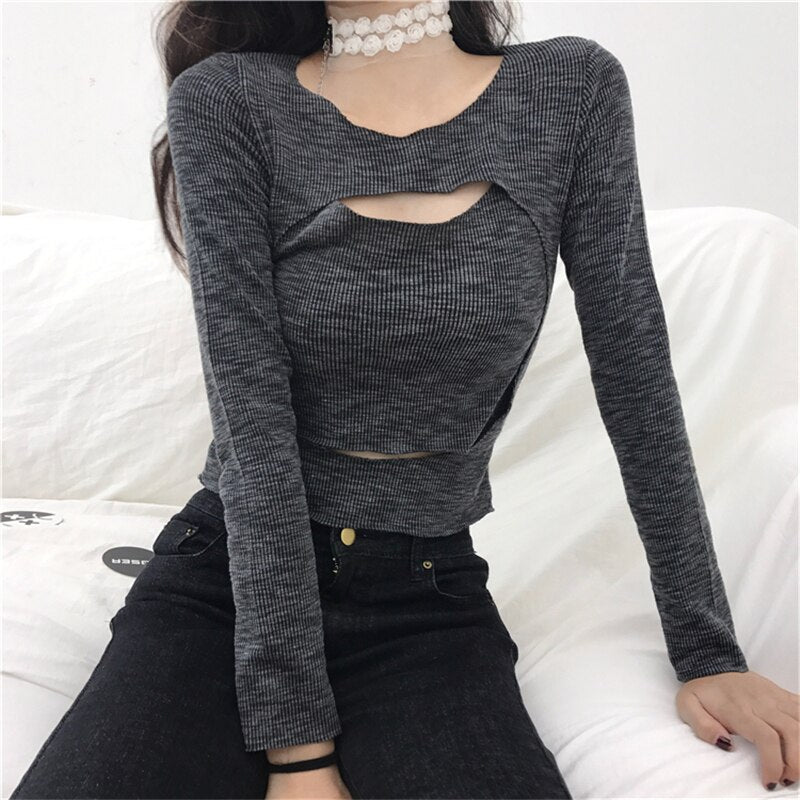 Korean Ladies Sexy HolOut Slim T shirt