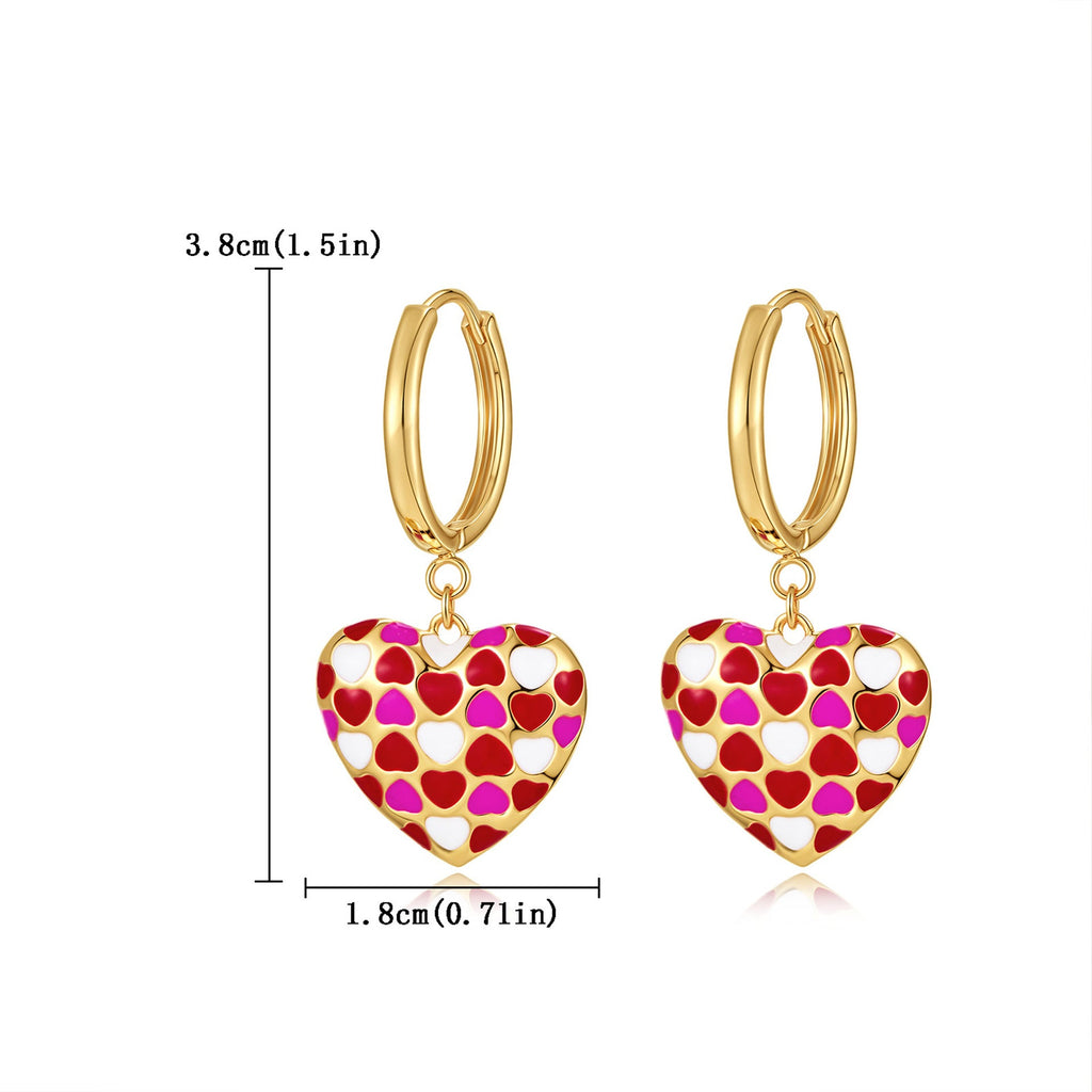 Temperament Love Earrings Cute Gold Plated Drip Oil Love Chessboard