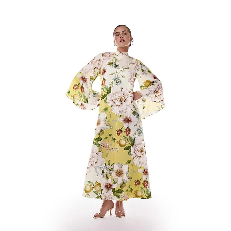 Print Women's Dress Round Neck Wide Sleeve Dress High Waisted Full Length Swing Dress Date Outfit Daily Fashion Wear 2026 Style