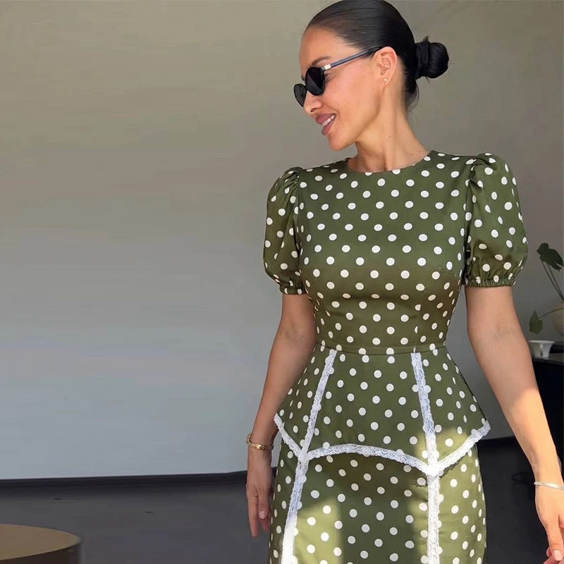 Women's Polka Dot Peplum Waist Dress Round Neck Puff Sleeve Fitted Silhouette Lace Trim Structured Midi Gown Elegant Slim