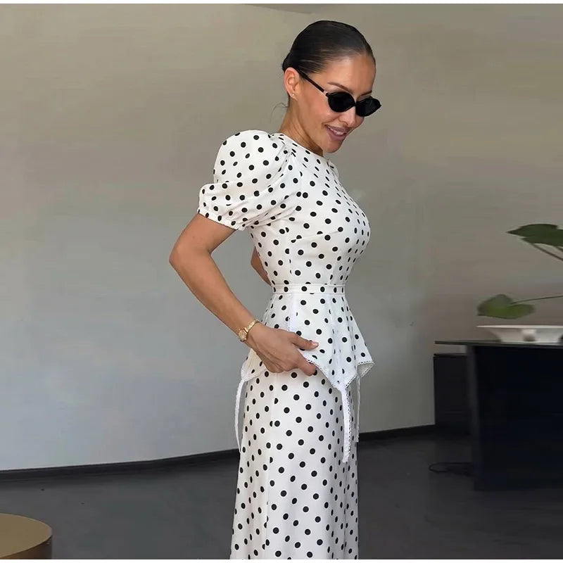 Polka Dot Women Dress Round Neck Puff Sleeve Dress High Waisted Mini Dress Waist Cincher Design Elegant Fashion Outfit 2026