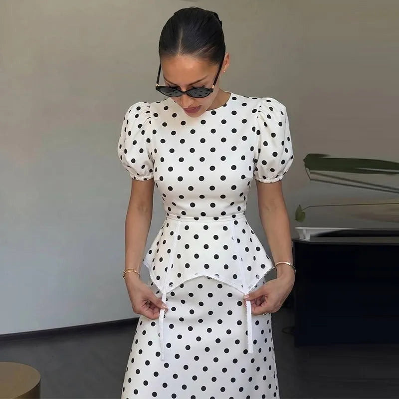 Women's Polka Dot Peplum Waist Dress Round Neck Puff Sleeve Fitted Silhouette Lace Trim Structured Midi Gown Elegant Slim