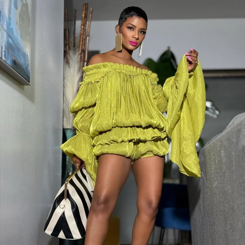Fashion Off Shoulder Satin Ruffled Dress Set Elegant Puff Long Sleeve Irregular Hem Mini Skirt 2026 NEW Summer Lady Vestidos