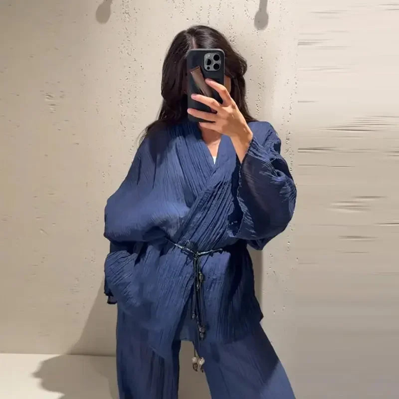 Women's Lace Up Blouses Pants Sets V-neck Long Flare Sleeve Tops Wide Leg Trousers Suit Women 2026 Summer Casual 2 Pieces Set