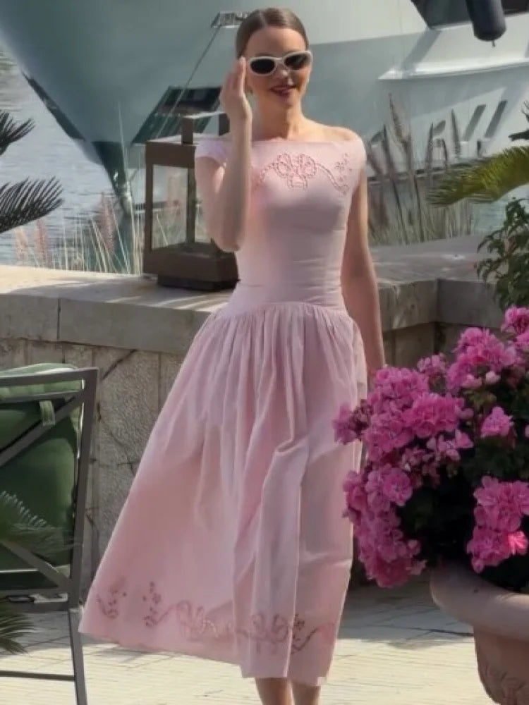 Minimalist White Boat Neck Midi Dress Women Elegant Cap Sleeve A-line Flare Eyelet Embroidery Vestido Wedding  Formal Party Gown