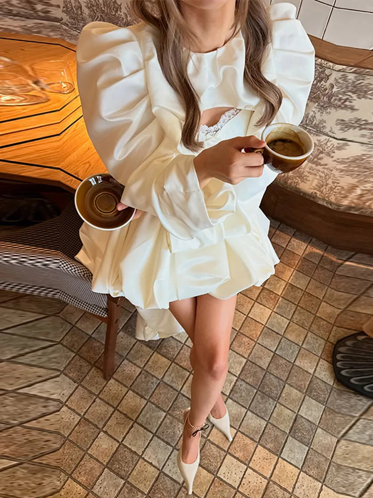 Fashion White Pleated Bubble Skirt Set Women O-neck Full Sleeve Crop Top Chic Puff Skirts Suits 2026 Lady Evening Party Outfit