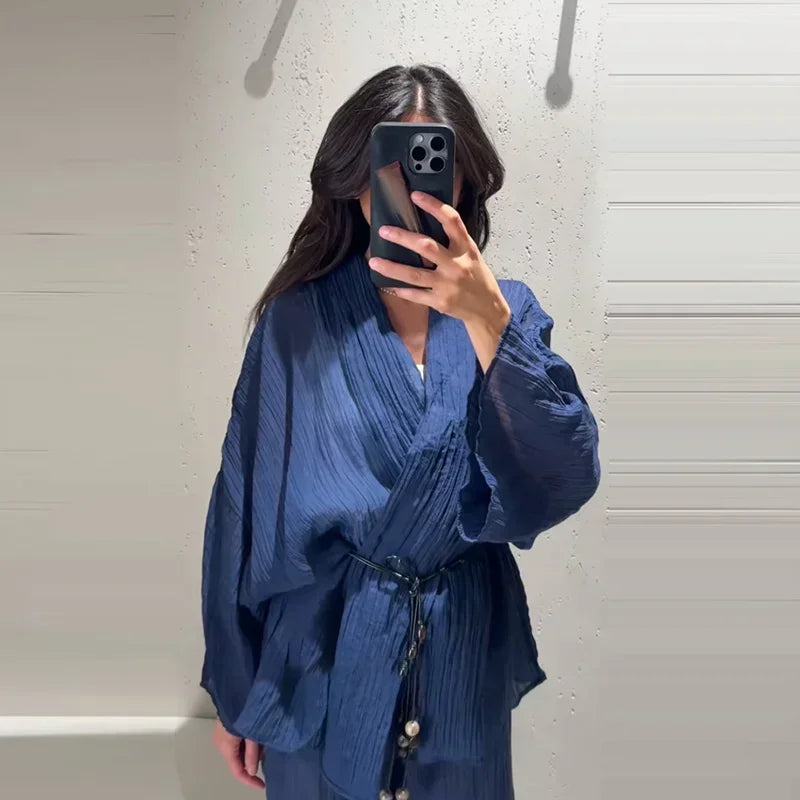 Women's Lace Up Blouses Pants Sets V-neck Long Flare Sleeve Tops Wide Leg Trousers Suit Women 2026 Summer Casual 2 Pieces Set
