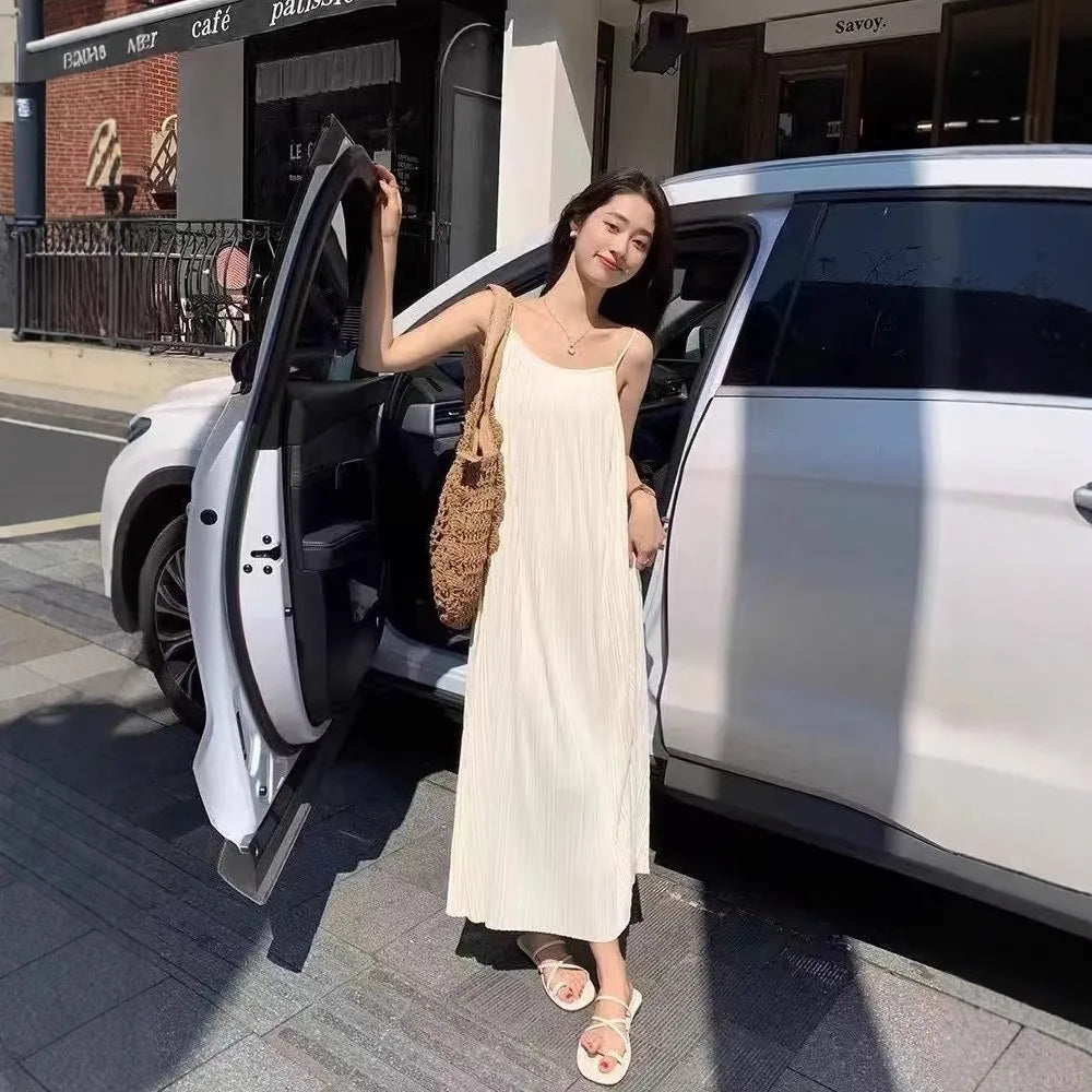Cami Maxi Dress, French Style Loose Fit Sleeveless Casual Vacation Daily Summer Long Dress