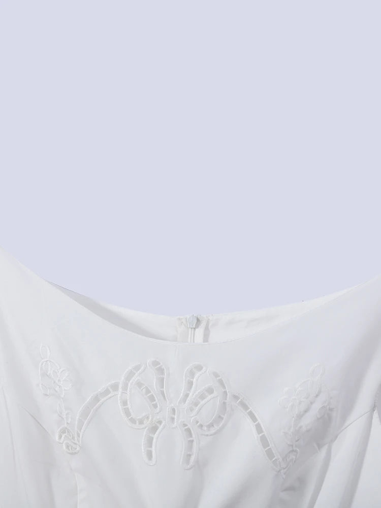 Minimalist White Boat Neck Midi Dress Women Elegant Cap Sleeve A-line Flare Eyelet Embroidery Vestido Wedding  Formal Party Gown