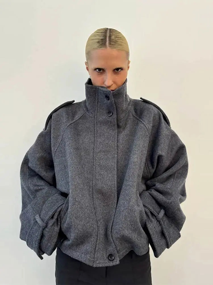 Elegant Woolen Single Breasted Jacket Women Loose Full Sleeve Big Pockets Lapel Outwear Lady 2026 Summer Autumn Coats Female