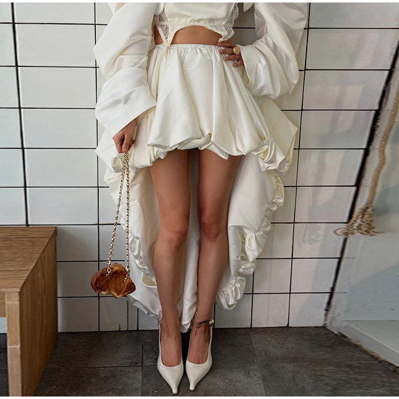 Fashion White Pleated Bubble Skirt Set Women O-neck Full Sleeve Crop Top Chic Puff Skirts Suits 2026 Lady Evening Party Outfit