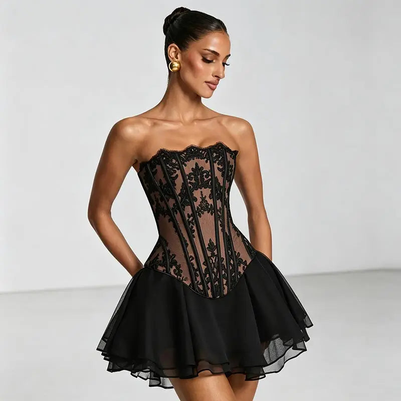 Lace Bone Corset Women Two Piece Set Back Lace Up Fitted Top Double Layer Tulle Flare Mini Skirt Evening Party Daily Outfit