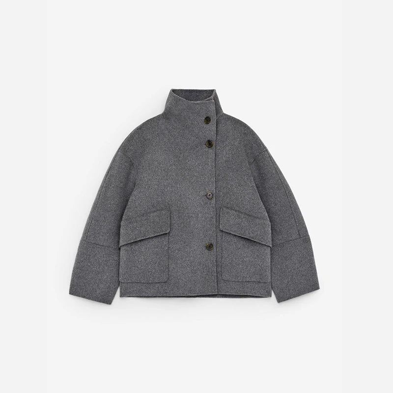 Elegant Woolen Single Breasted Jacket Women Loose Full Sleeve Big Pockets Lapel Outwear Lady 2026 Summer Autumn Coats Female