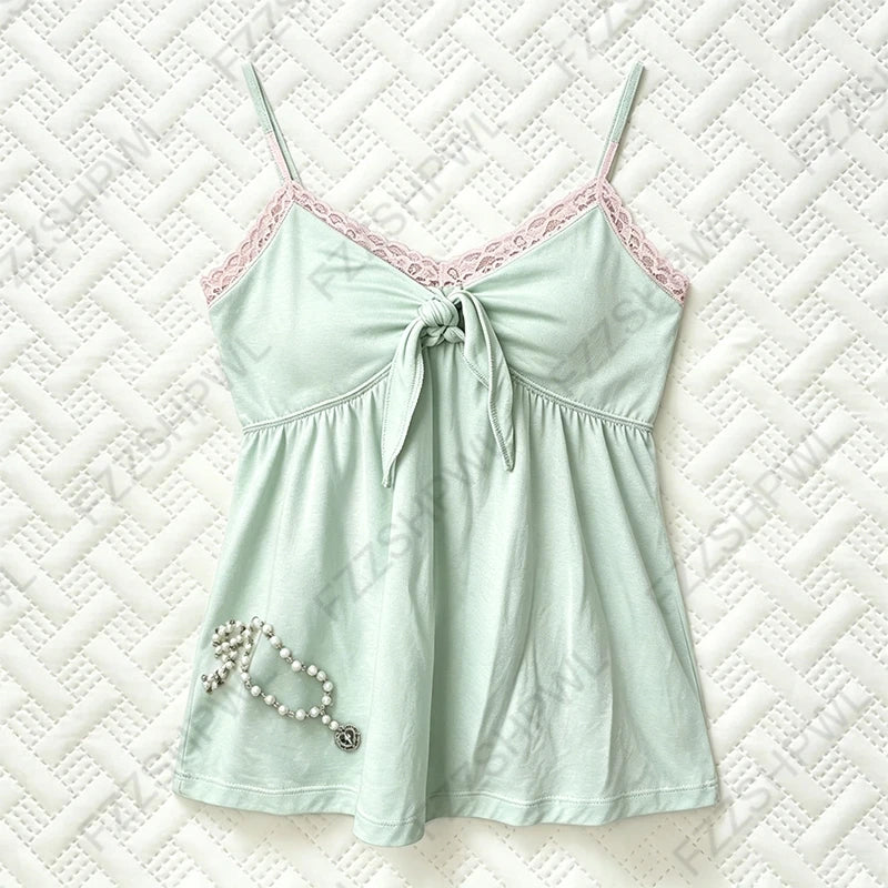 Y2K Japanese Summer Women's Camisole Top Sexy Cute Slim Fashion Casual Lace Solid Color Crop Tee Kawaii Sweet Girlish Streetwear