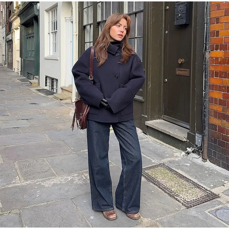 Elegant Woolen Single Breasted Jacket Women Loose Full Sleeve Big Pockets Lapel Outwear Lady 2026 Summer Autumn Coats Female
