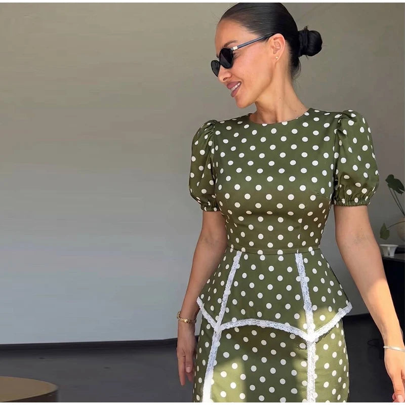 Polka Dot Women Dress Round Neck Puff Sleeve Dress High Waisted Mini Dress Waist Cincher Design Elegant Fashion Outfit 2026