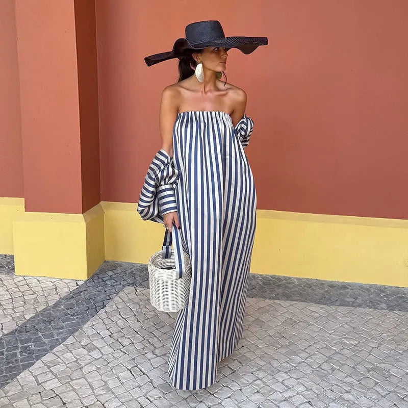 Fashion Stripe Capelet Strapless Dress Set Women's Detachable Shawl Loose Maxi Dresses 2026 Summer New Lady Casual Streetwear