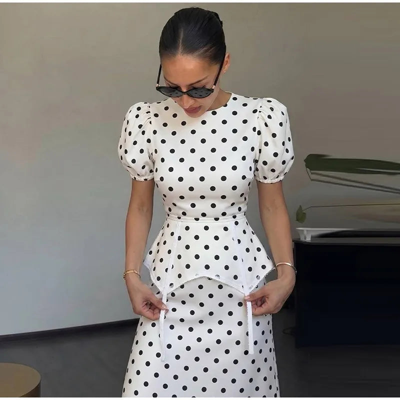 Polka Dot Women Dress Round Neck Puff Sleeve Dress High Waisted Mini Dress Waist Cincher Design Elegant Fashion Outfit 2026