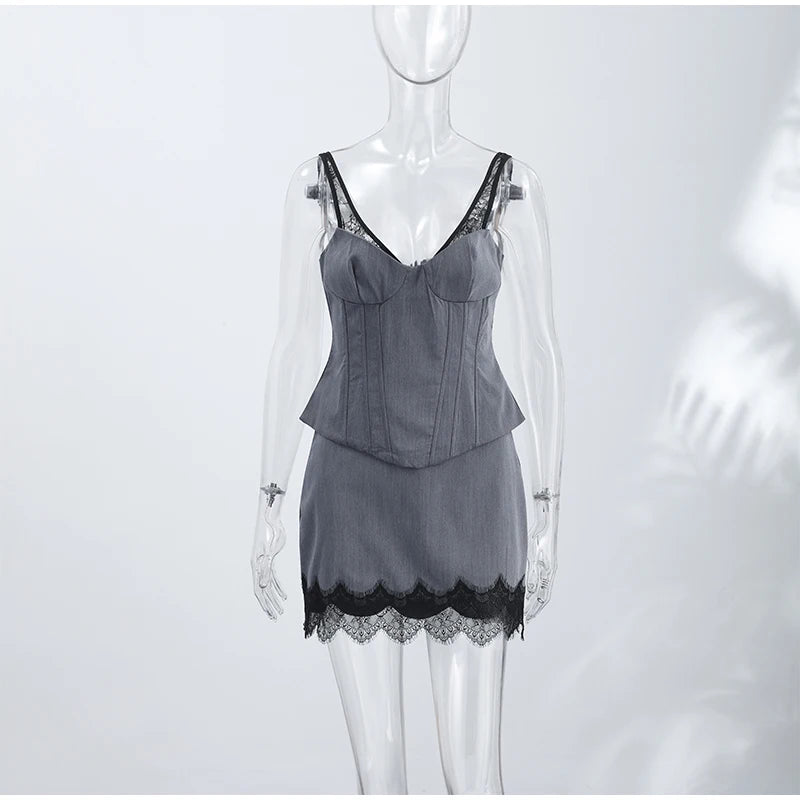 Square Neck Sleeveless Women's Two Piece Set Bone Support Corset Crop Top Waist Cut Out Mini Skirt Scallop Lace Trim Set 2026