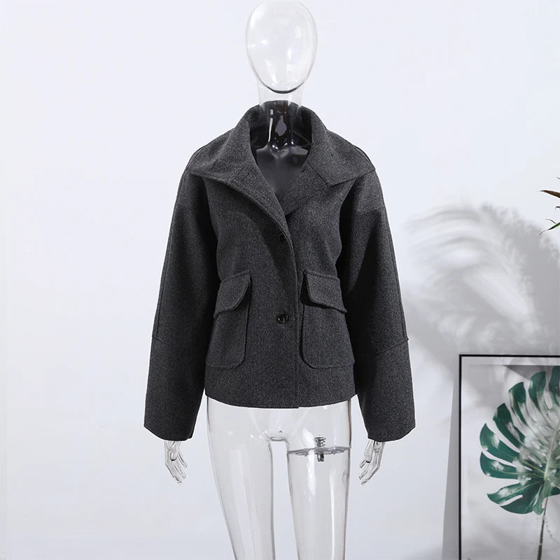 Elegant Woolen Single Breasted Jacket Women Loose Full Sleeve Big Pockets Lapel Outwear Lady 2026 Summer Autumn Coats Female