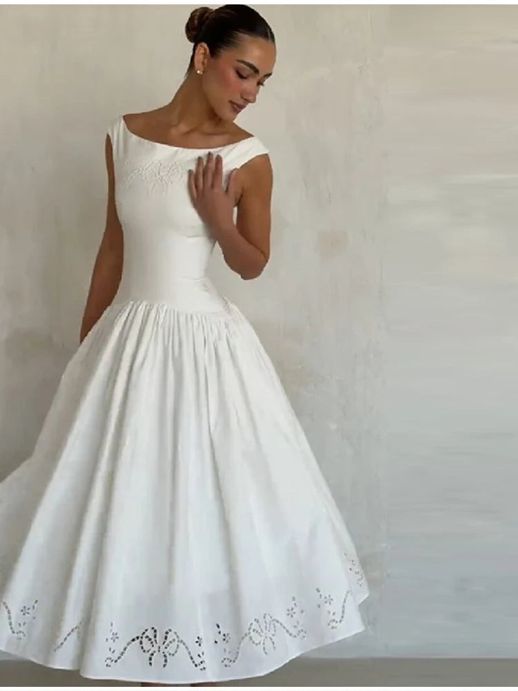 Minimalist White Boat Neck Midi Dress Women Elegant Cap Sleeve A-line Flare Eyelet Embroidery Vestido Wedding  Formal Party Gown
