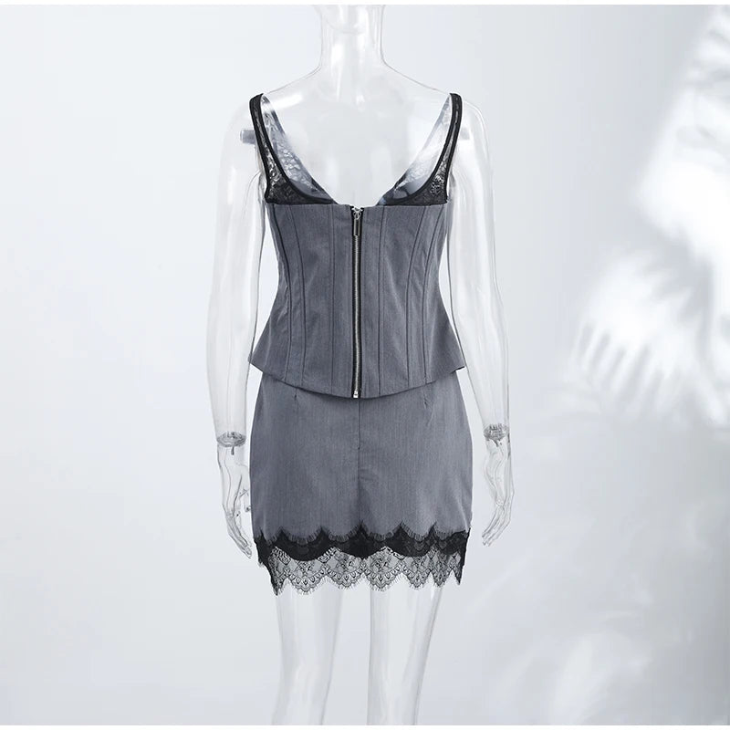 Square Neck Sleeveless Women's Two Piece Set Bone Support Corset Crop Top Waist Cut Out Mini Skirt Scallop Lace Trim Set 2026