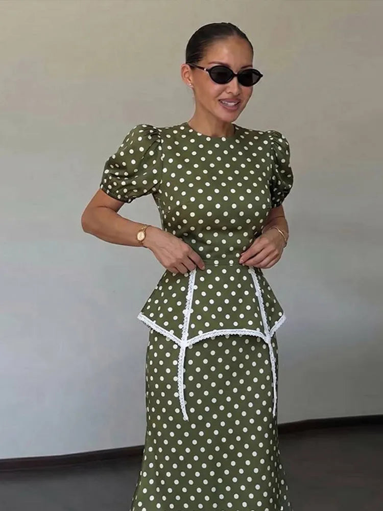 Women's Polka Dot Peplum Waist Dress Round Neck Puff Sleeve Fitted Silhouette Lace Trim Structured Midi Gown Elegant Slim
