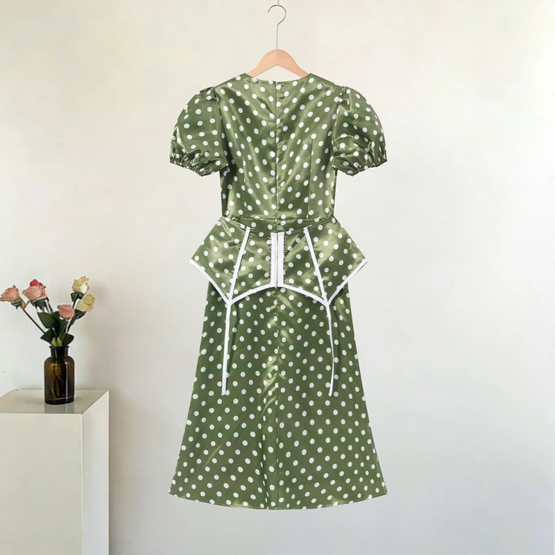 Polka Dot Women Dress Round Neck Puff Sleeve Dress High Waisted Mini Dress Waist Cincher Design Elegant Fashion Outfit 2026