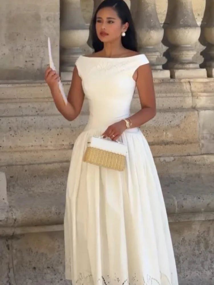 Minimalist White Boat Neck Midi Dress Women Elegant Cap Sleeve A-line Flare Eyelet Embroidery Vestido Wedding  Formal Party Gown