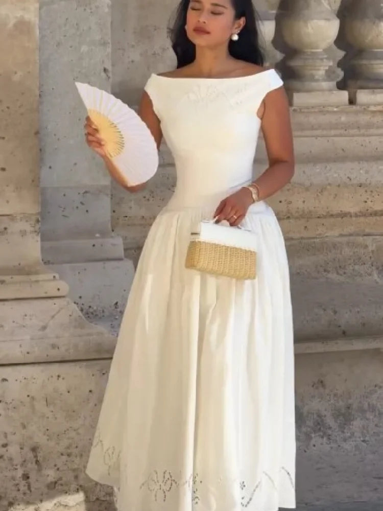 Minimalist White Boat Neck Midi Dress Women Elegant Cap Sleeve A-line Flare Eyelet Embroidery Vestido Wedding  Formal Party Gown