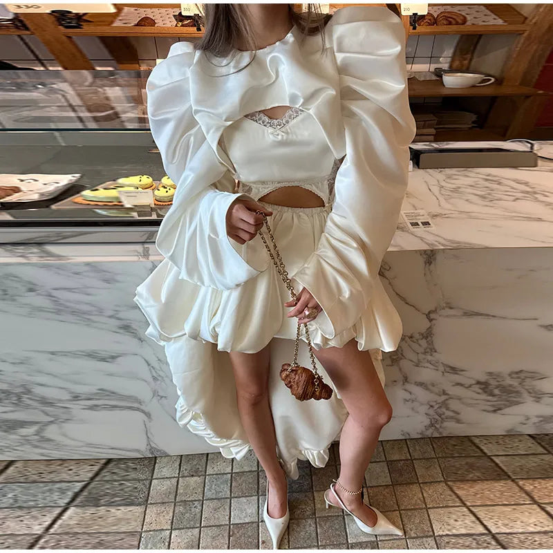 Fashion White Pleated Bubble Skirt Set Women O-neck Full Sleeve Crop Top Chic Puff Skirts Suits 2026 Lady Evening Party Outfit