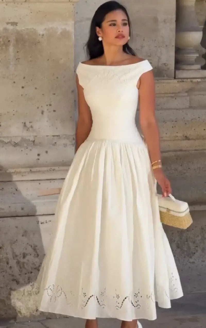 Minimalist White Boat Neck Midi Dress Women Elegant Cap Sleeve A-line Flare Eyelet Embroidery Vestido Wedding  Formal Party Gown