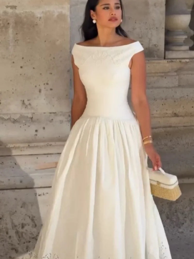 Minimalist White Boat Neck Midi Dress Women Elegant Cap Sleeve A-line Flare Eyelet Embroidery Vestido Wedding  Formal Party Gown