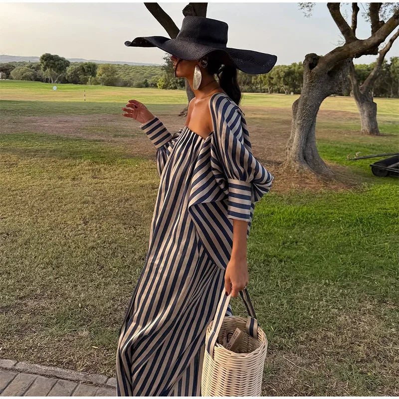 Fashion Stripe Capelet Strapless Dress Set Women's Detachable Shawl Loose Maxi Dresses 2026 Summer New Lady Casual Streetwear