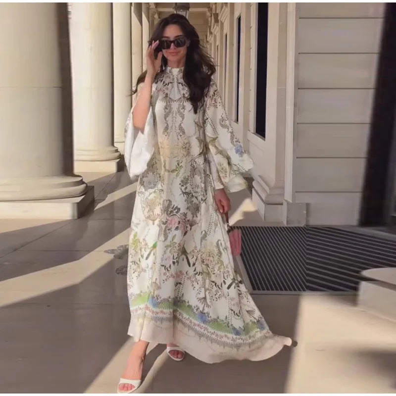 Print Women's Dress Round Neck Wide Sleeve Dress High Waisted Full Length Swing Dress Date Outfit Daily Fashion Wear 2026 Style