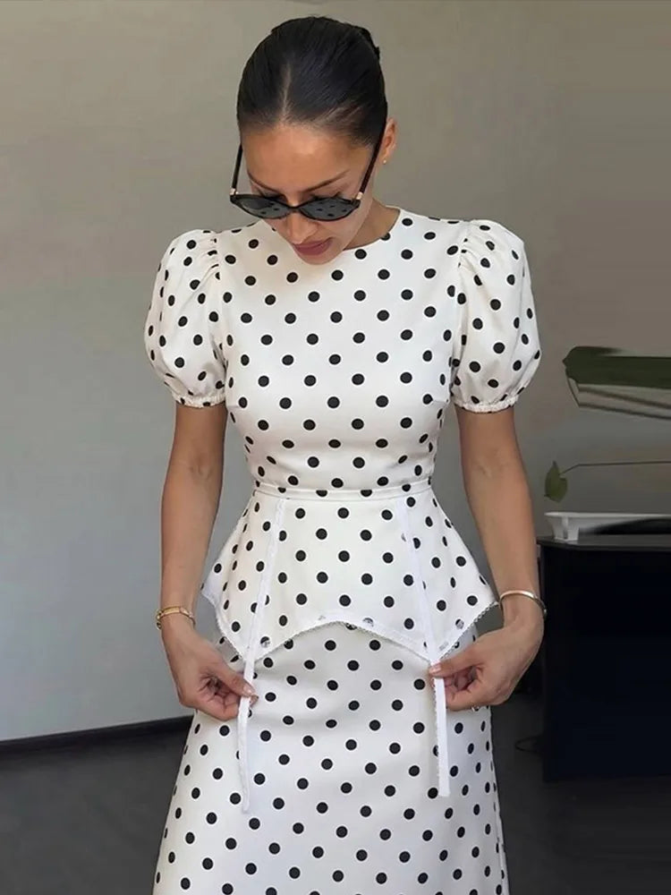 Women's Polka Dot Peplum Waist Dress Round Neck Puff Sleeve Fitted Silhouette Lace Trim Structured Midi Gown Elegant Slim