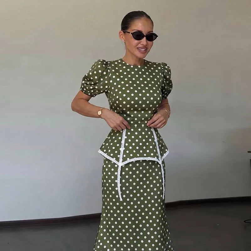 Polka Dot Women Dress Round Neck Puff Sleeve Dress High Waisted Mini Dress Waist Cincher Design Elegant Fashion Outfit 2026