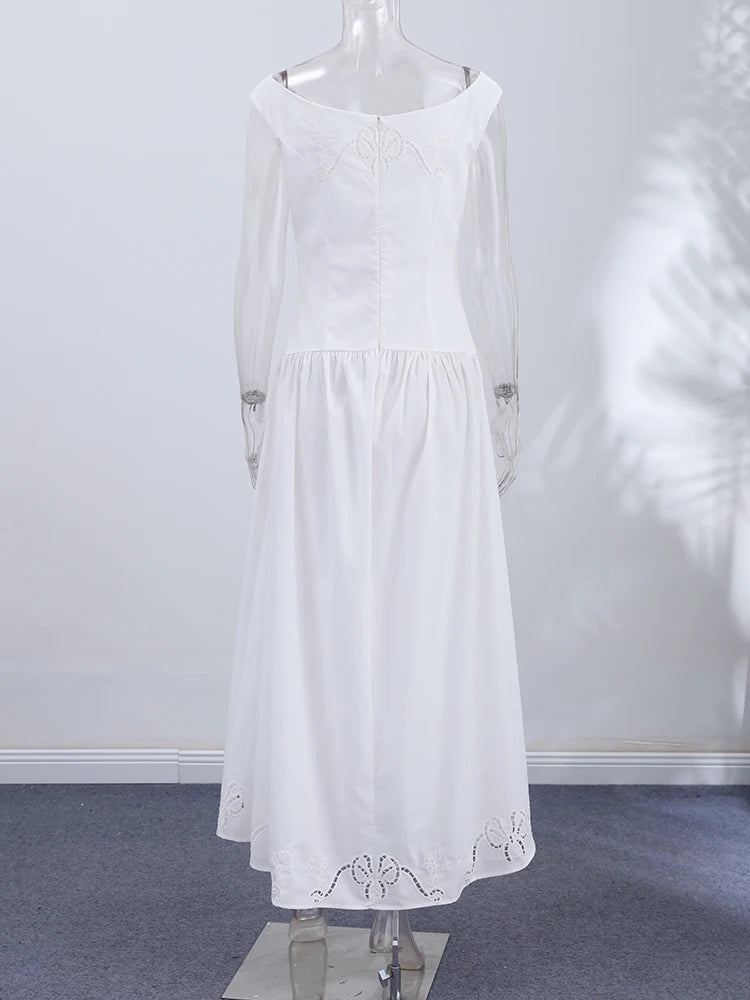 Minimalist White Boat Neck Midi Dress Women Elegant Cap Sleeve A-line Flare Eyelet Embroidery Vestido Wedding  Formal Party Gown