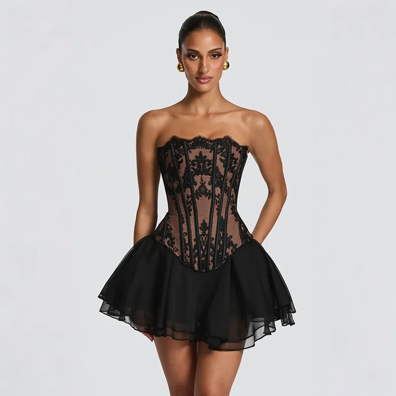 Lace Bone Corset Women Two Piece Set Back Lace Up Fitted Top Double Layer Tulle Flare Mini Skirt Evening Party Daily Outfit