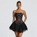 Lace Bone Corset Women Two Piece Set Back Lace Up Fitted Top Double Layer Tulle Flare Mini Skirt Evening Party Daily Outfit