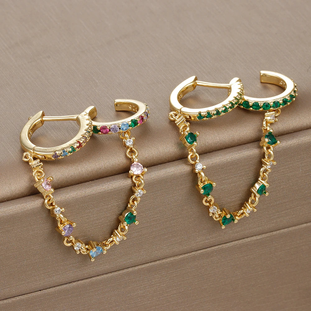 Europe and America CZ Crystal Chain Drop Earrings Stainless Steel