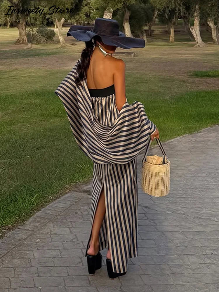 Fashion Stripe Capelet Strapless Dress Set Women's Detachable Shawl Loose Maxi Dresses 2026 Summer New Lady Casual Streetwear