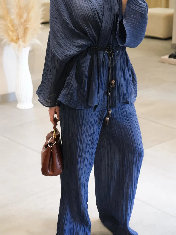 Women's Lace Up Blouses Pants Sets V-neck Long Flare Sleeve Tops Wide Leg Trousers Suit Women 2026 Summer Casual 2 Pieces Set