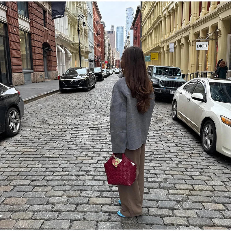 Elegant Woolen Single Breasted Jacket Women Loose Full Sleeve Big Pockets Lapel Outwear Lady 2026 Summer Autumn Coats Female