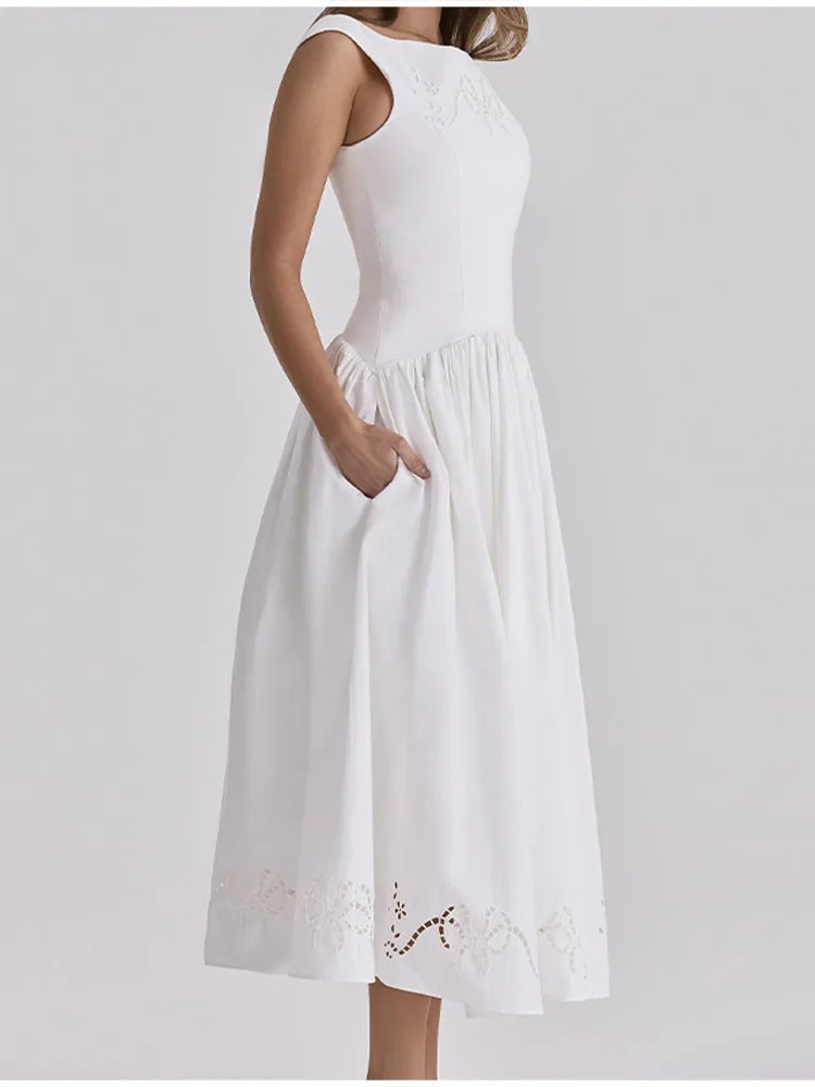 Minimalist White Boat Neck Midi Dress Women Elegant Cap Sleeve A-line Flare Eyelet Embroidery Vestido Wedding  Formal Party Gown