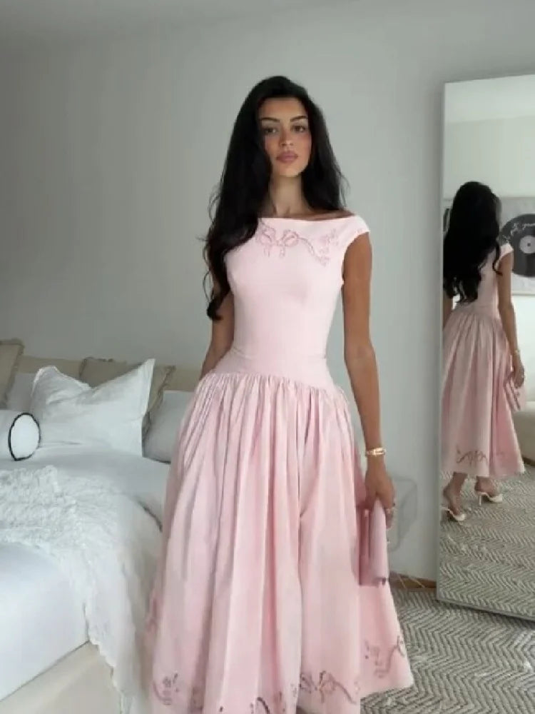 Minimalist White Boat Neck Midi Dress Women Elegant Cap Sleeve A-line Flare Eyelet Embroidery Vestido Wedding  Formal Party Gown