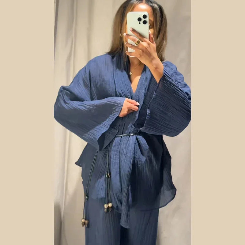 Women's Lace Up Blouses Pants Sets V-neck Long Flare Sleeve Tops Wide Leg Trousers Suit Women 2026 Summer Casual 2 Pieces Set