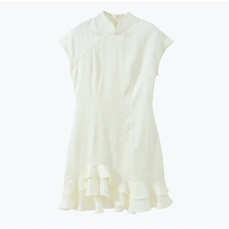 Elegant Satin Irregular Ruffle Hem Mini Dress Women Solid Stand Collar Short Sleeve Slim Dressess 2026 Lady Party Evening Gown