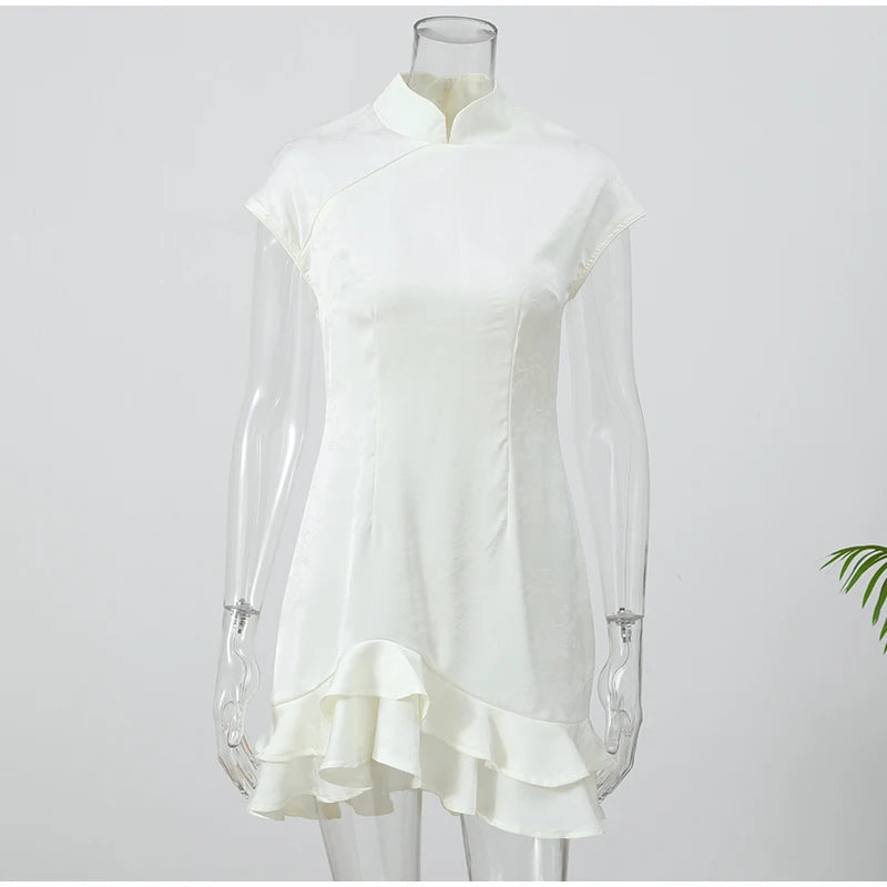 Elegant Satin Irregular Ruffle Hem Mini Dress Women Solid Stand Collar Short Sleeve Slim Dressess 2026 Lady Party Evening Gown
