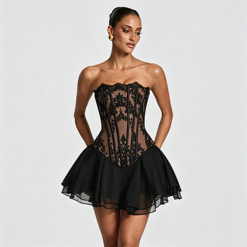 Lace Bone Corset Women Two Piece Set Back Lace Up Fitted Top Double Layer Tulle Flare Mini Skirt Evening Party Daily Outfit